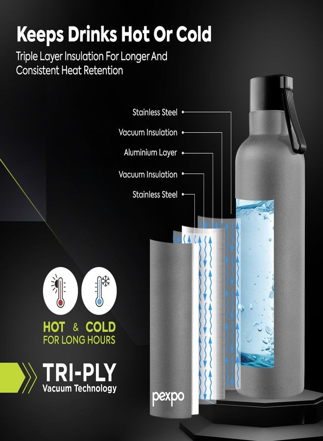 Pexpo Water Bottle 750ml Stainless Steel | Hot and Cold Flask | ISI Certified Steel Bottle | 3 Layer Insulation | Leakproof | for Home, Office, School & Travel | 1-Year Warranty | Oslo | Grey - Image 3